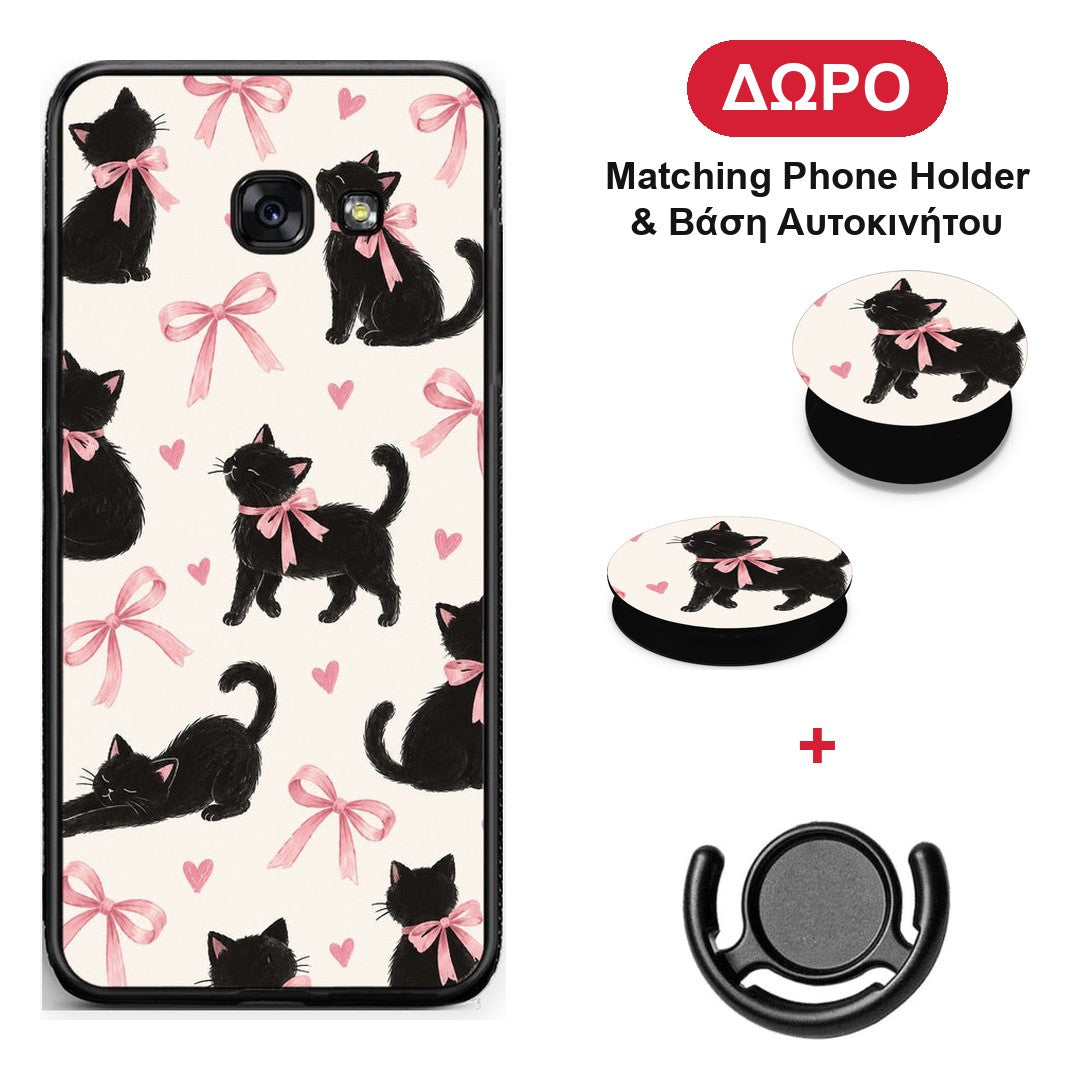 Black Kittens and Pink Bows on Cream Large - Samsung Galaxy A5 2017 θήκη + Δώρο Phone Holder & Βάση Αυτοκινήτου