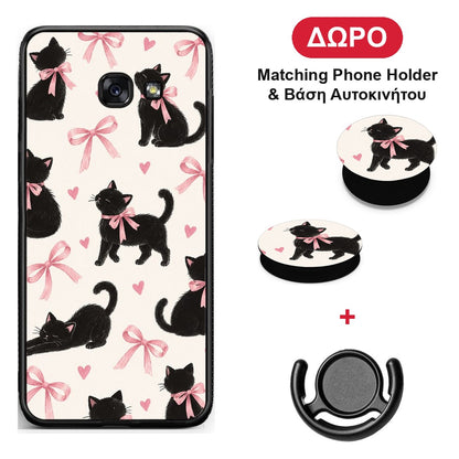 Black Kittens and Pink Bows on Cream Large - Samsung Galaxy A5 2017 θήκη + Δώρο Phone Holder & Βάση Αυτοκινήτου