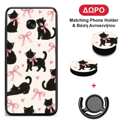 Black Kittens and Pink Bows on Cream Large - Samsung Galaxy A5 2017 θήκη + Δώρο Phone Holder & Βάση Αυτοκινήτου