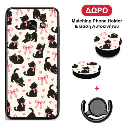 Black Kittens and Pink Bows on Cream Small - Samsung Galaxy A5 2017 θήκη + Δώρο Phone Holder & Βάση Αυτοκινήτου