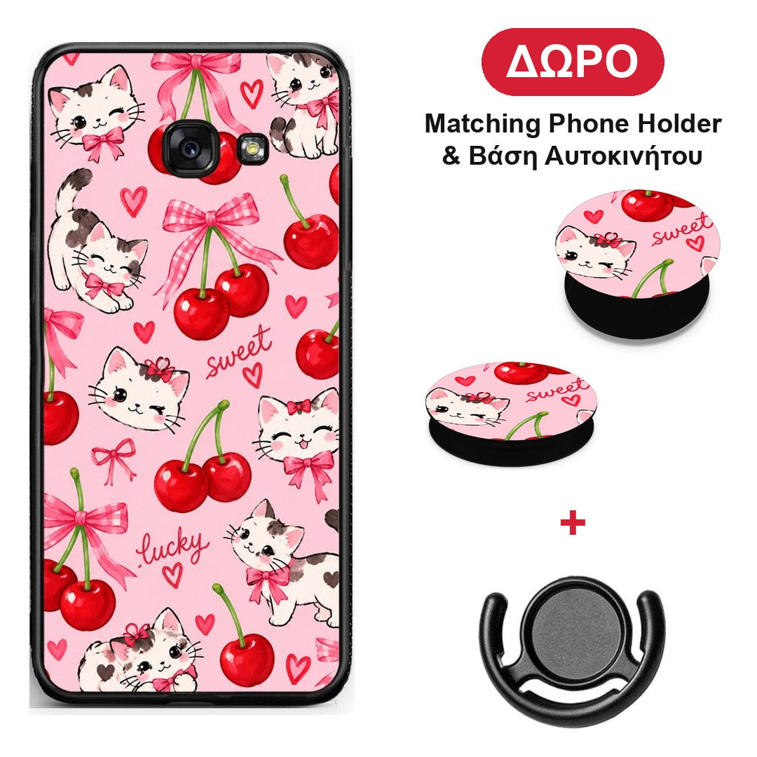 Cherries Bows and Kittens on Pink - Samsung Galaxy A5 2017 θήκη + Δώρο Phone Holder & Βάση Αυτοκινήτου