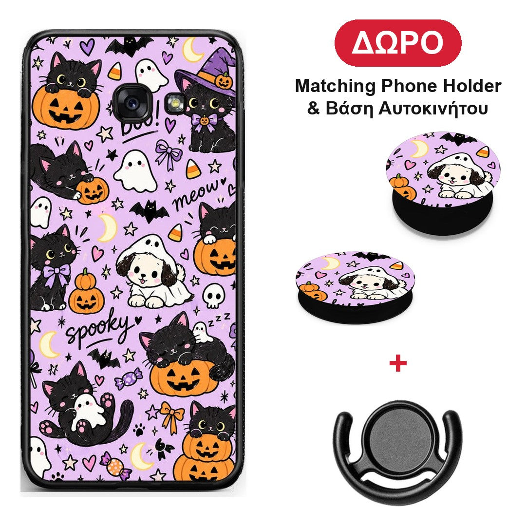 Halloween Black Cats on Lilac - Samsung Galaxy A5 2017 θήκη + Δώρο Phone Holder & Βάση Αυτοκινήτου