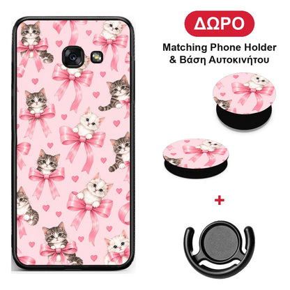 Kittens and Pink Bows on Pink - Samsung Galaxy A5 2017 θήκη + Δώρο Phone Holder & Βάση Αυτοκινήτου