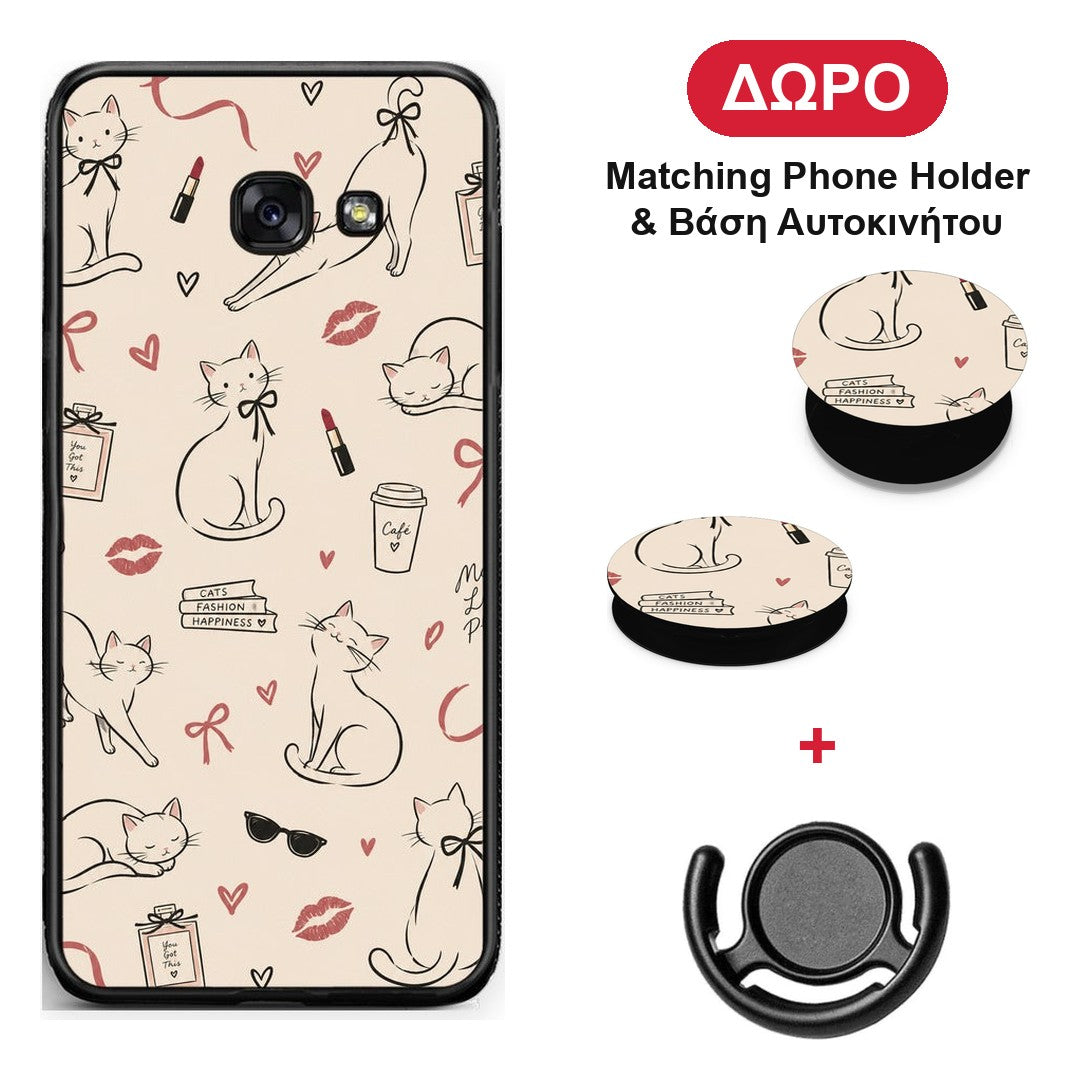 Minimal Cat and Fashion Doodles on Cream - Samsung Galaxy A5 2017 θήκη + Δώρο Phone Holder & Βάση Αυτοκινήτου