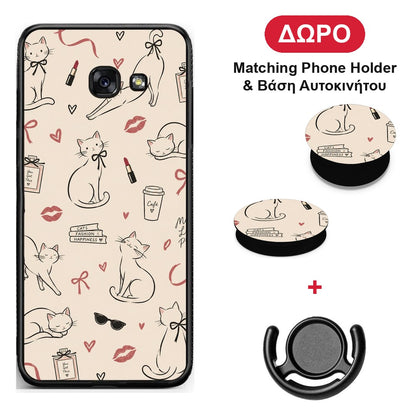 Minimal Cat and Fashion Doodles on Cream - Samsung Galaxy A5 2017 θήκη + Δώρο Phone Holder & Βάση Αυτοκινήτου
