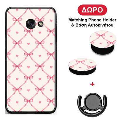 Pink Bow Lattice and Hearts on Cream - Samsung Galaxy A5 2017 θήκη + Δώρο Phone Holder & Βάση Αυτοκινήτου