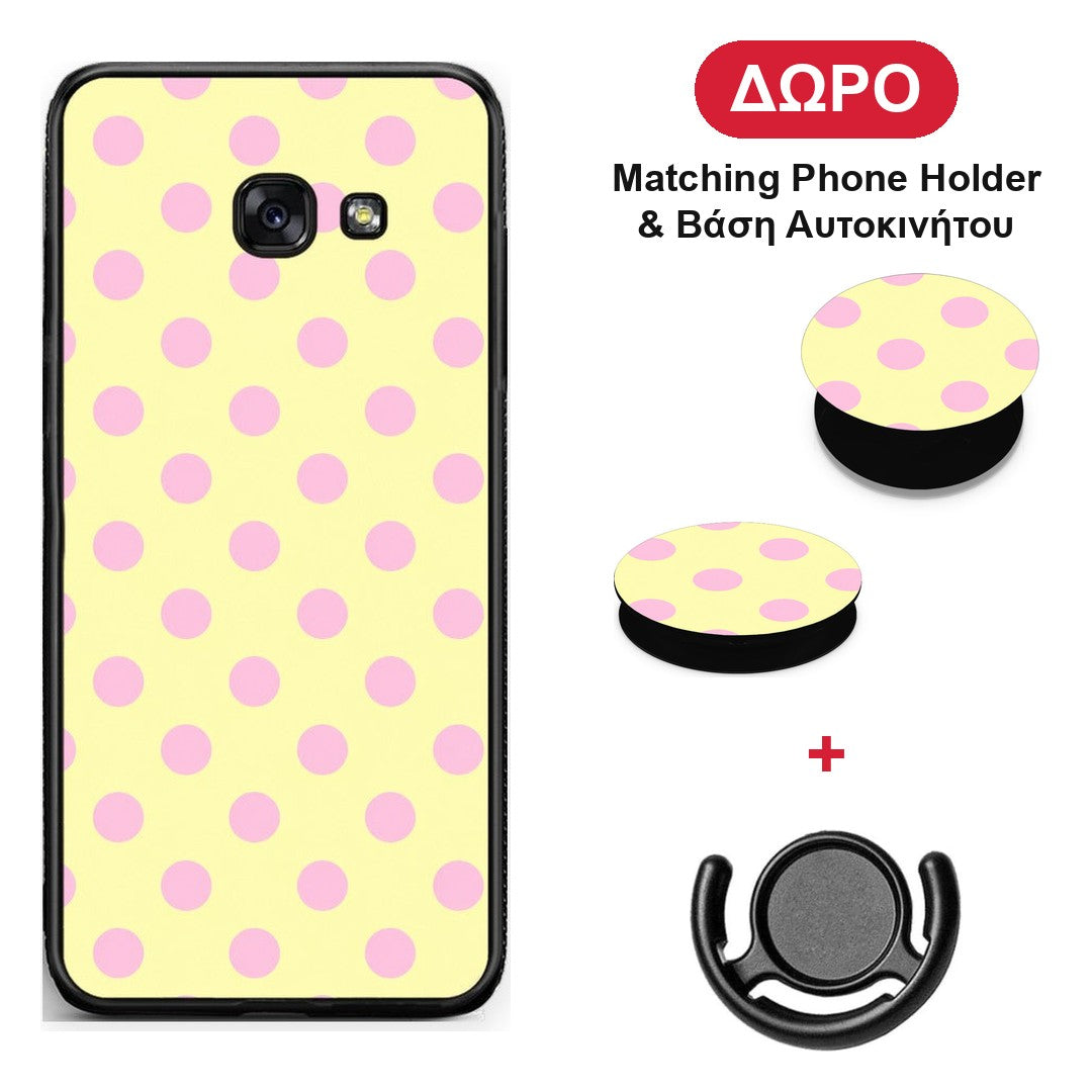 Pink Polka Dots on Yellow - Samsung Galaxy A5 2017 θήκη + Δώρο Phone Holder & Βάση Αυτοκινήτου