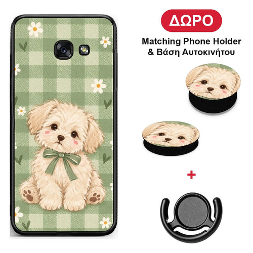 Puppy and Daisies on Sage Gingham - Samsung Galaxy A5 2017 θήκη + Δώρο Phone Holder & Βάση Αυτοκινήτου
