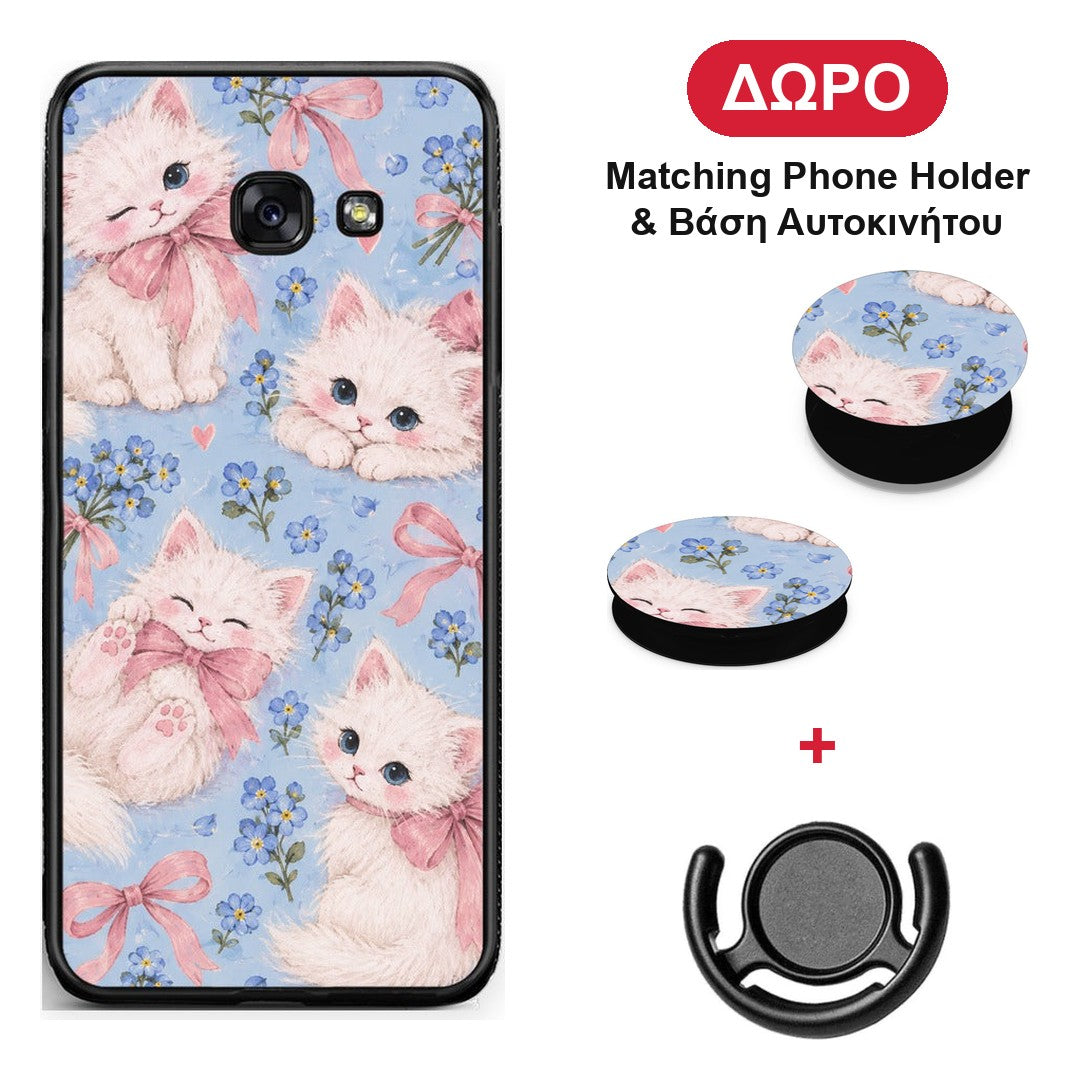 White Kittens and Blue Flowers Large - Samsung Galaxy A5 2017 θήκη + Δώρο Phone Holder & Βάση Αυτοκινήτου