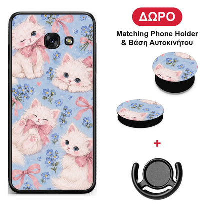 White Kittens and Blue Flowers Large - Samsung Galaxy A5 2017 θήκη + Δώρο Phone Holder & Βάση Αυτοκινήτου