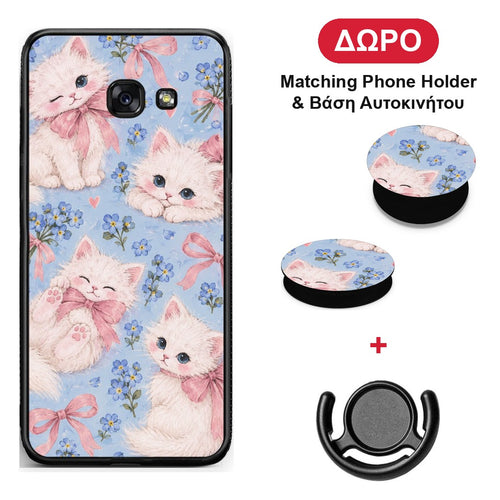 White Kittens and Blue Flowers Large - Samsung Galaxy A5 2017 θήκη + Δώρο Phone Holder & Βάση Αυτοκινήτου
