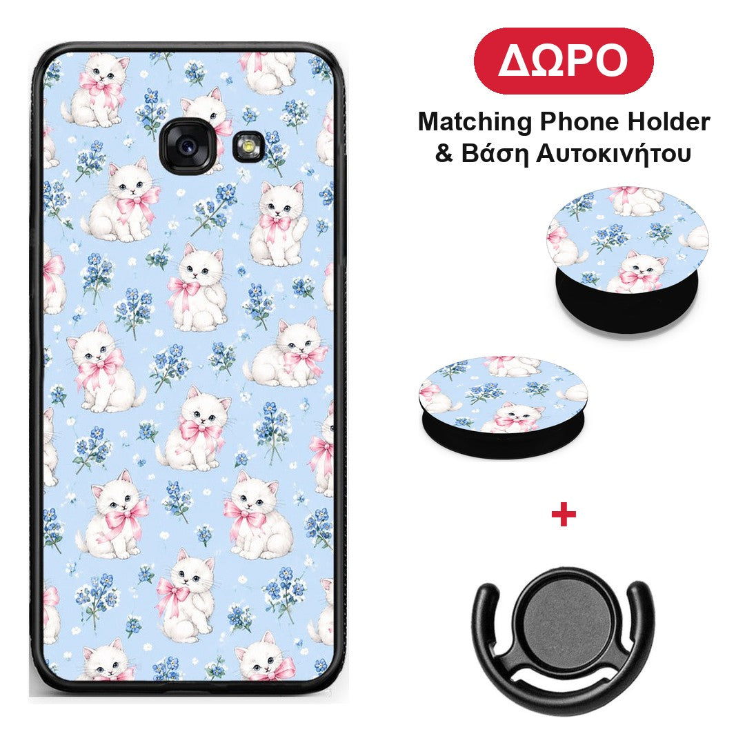 White Kittens and Blue Flowers Small - Samsung Galaxy A5 2017 θήκη + Δώρο Phone Holder & Βάση Αυτοκινήτου
