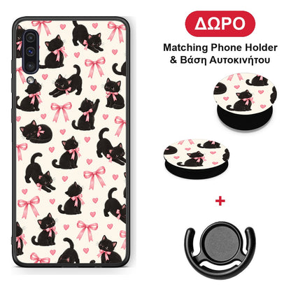 Black Kittens and Pink Bows on Cream Small - Samsung Galaxy A50 / A30s θήκη + Δώρο Phone Holder & Βάση Αυτοκινήτου