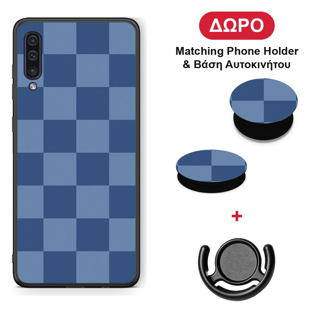 Denim Blue Checkerboard - Samsung Galaxy A50 / A30s θήκη + Δώρο Phone Holder & Βάση Αυτοκινήτου