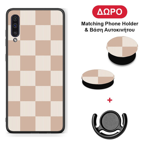 Latte and Cream Striped Checks - Samsung Galaxy A50 / A30s θήκη + Δώρο Phone Holder & Βάση Αυτοκινήτου