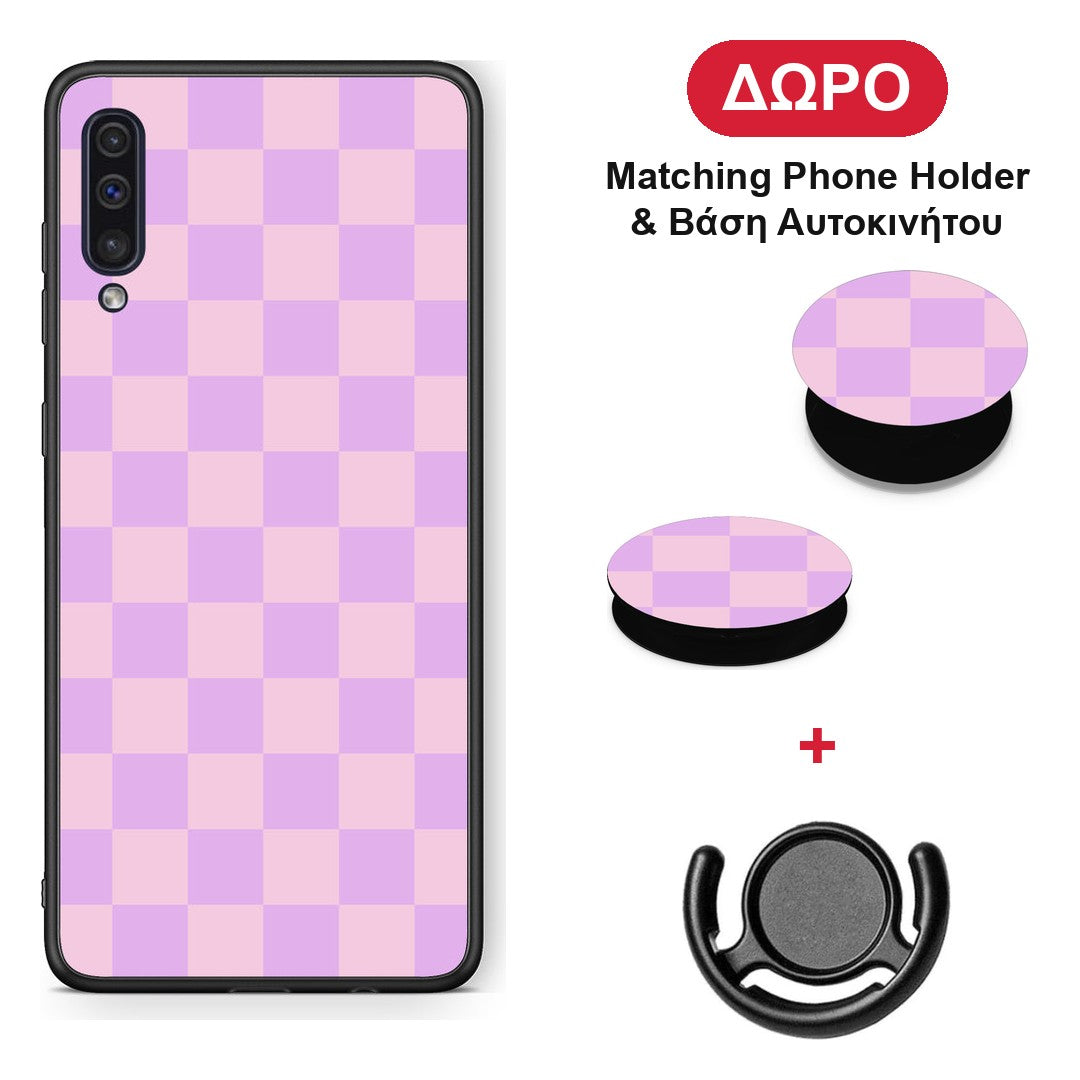 Lavender and Pink Checkerboard - Samsung Galaxy A50 / A30s θήκη + Δώρο Phone Holder & Βάση Αυτοκινήτου