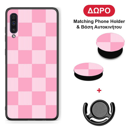 Pink and White Striped Checks - Samsung Galaxy A50 / A30s θήκη + Δώρο Phone Holder & Βάση Αυτοκινήτου