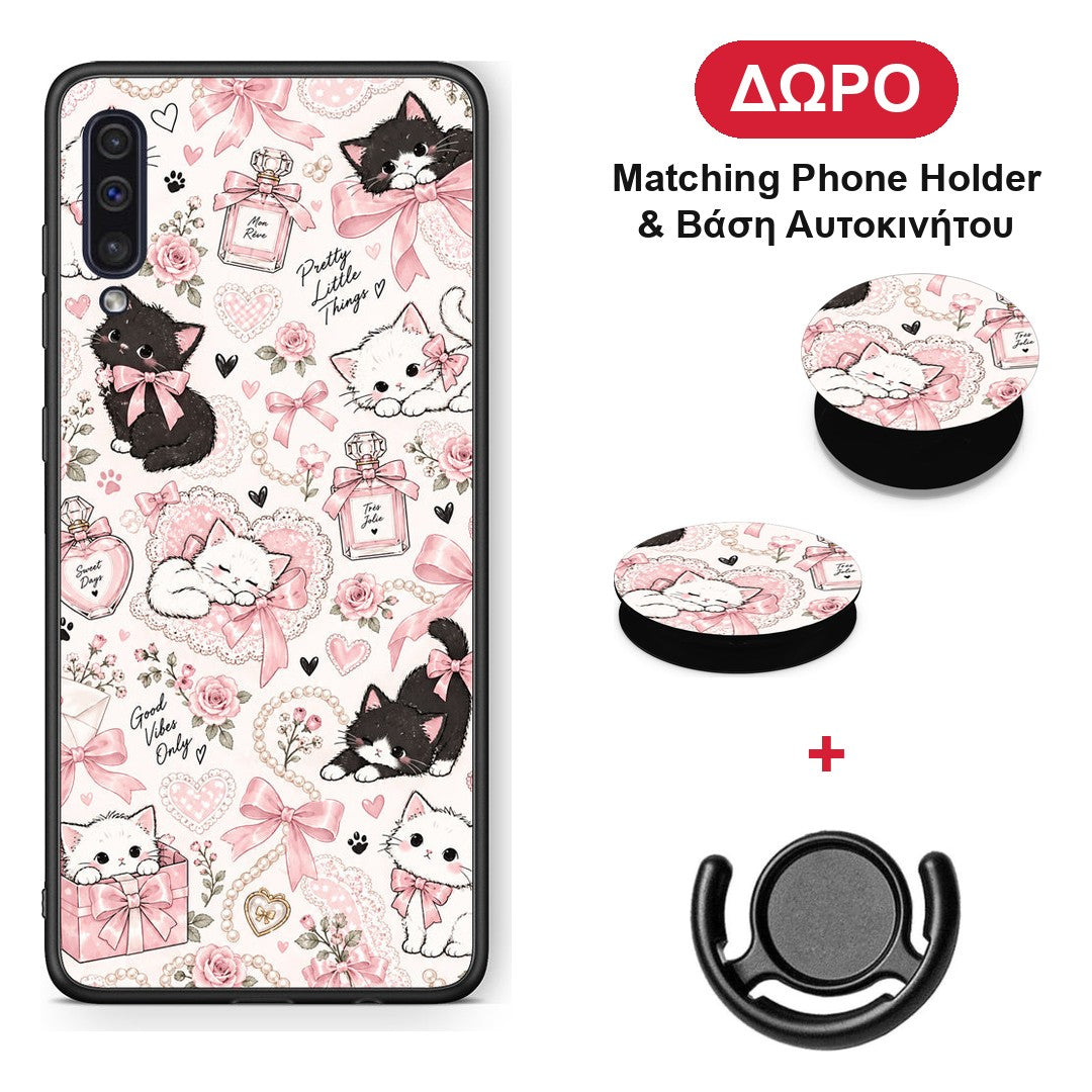 Pink Bows and Kittens Collage - Samsung Galaxy A50 / A30s θήκη + Δώρο Phone Holder & Βάση Αυτοκινήτου