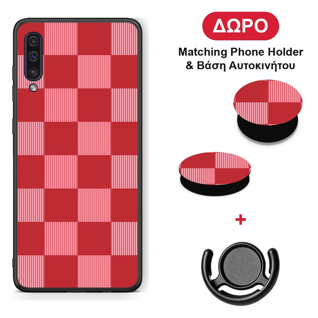 Red and Pink Striped Checks - Samsung Galaxy A50 / A30s θήκη + Δώρο Phone Holder & Βάση Αυτοκινήτου