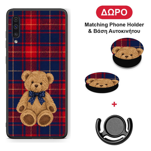 Teddy Bear on Red and Navy Tartan - Samsung Galaxy A50 / A30s θήκη + Δώρο Phone Holder & Βάση Αυτοκινήτου