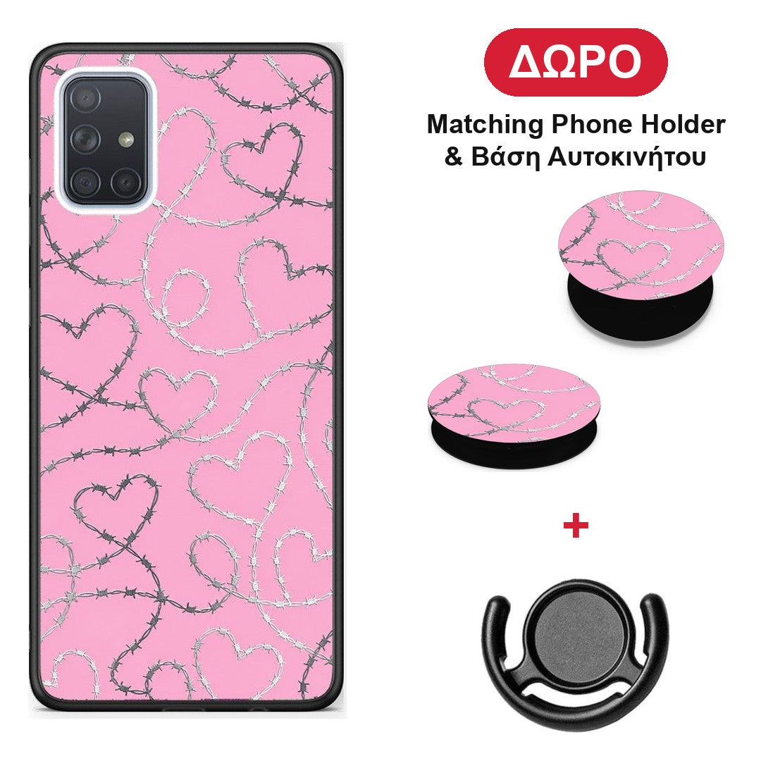 Barbed Wire Hearts on Pink - Samsung Galaxy A51 θήκη + Δώρο Phone Holder & Βάση Αυτοκινήτου
