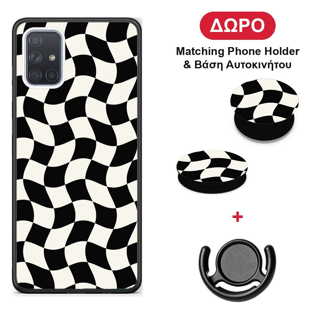 Black and Cream Wavy Checkerboard - Samsung Galaxy A51 θήκη + Δώρο Phone Holder & Βάση Αυτοκινήτου