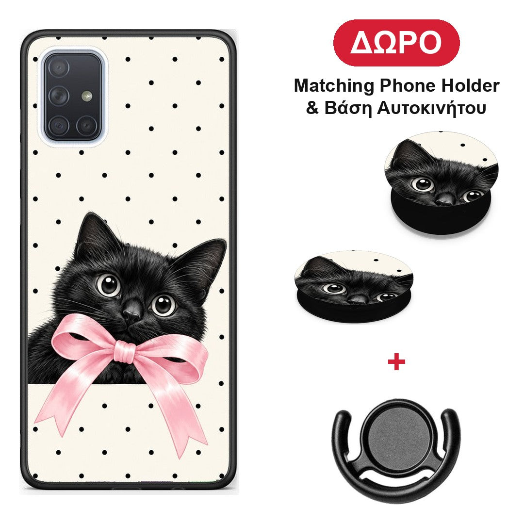 Black Kitten Pink Bow and Polka Dots - Samsung Galaxy A51 θήκη + Δώρο Phone Holder & Βάση Αυτοκινήτου