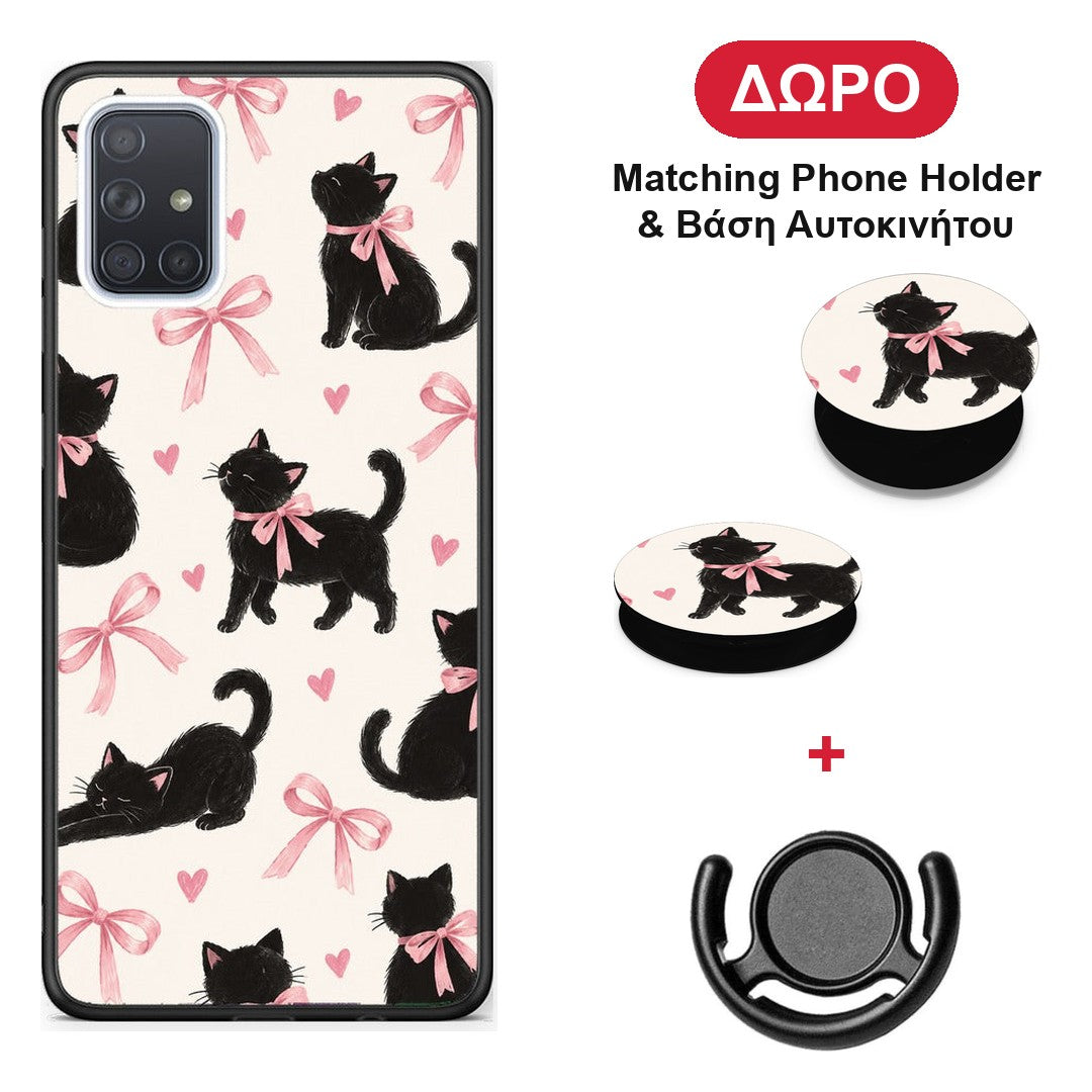 Black Kittens and Pink Bows on Cream Large - Samsung Galaxy A51 θήκη + Δώρο Phone Holder & Βάση Αυτοκινήτου