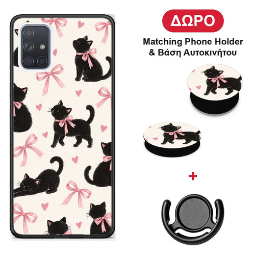 Black Kittens and Pink Bows on Cream Large - Samsung Galaxy A51 θήκη + Δώρο Phone Holder & Βάση Αυτοκινήτου