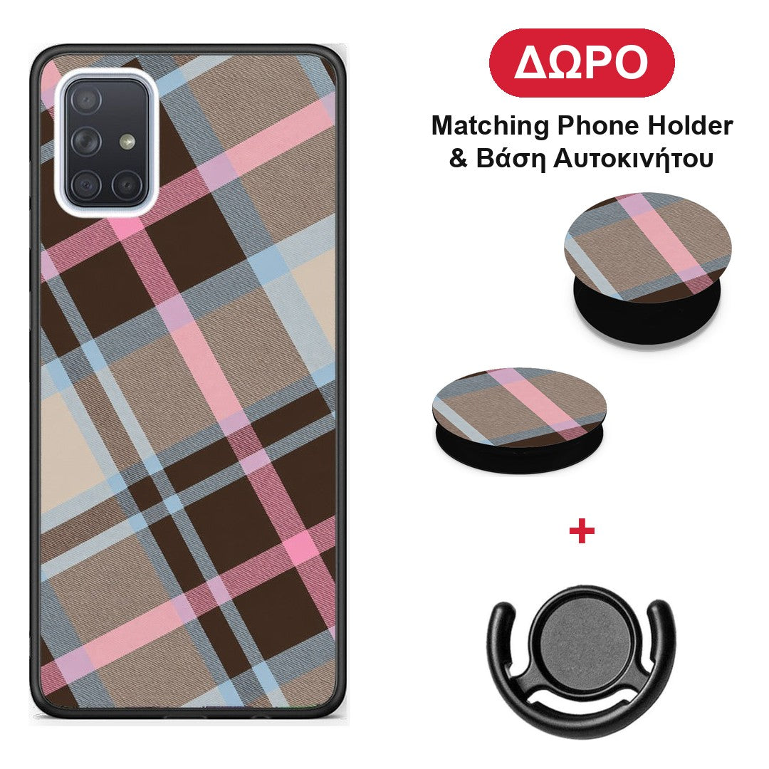 Brown Pink and Blue Diagonal Plaid - Samsung Galaxy A51 θήκη + Δώρο Phone Holder & Βάση Αυτοκινήτου