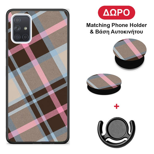 Brown Pink and Blue Diagonal Plaid - Samsung Galaxy A51 θήκη + Δώρο Phone Holder & Βάση Αυτοκινήτου