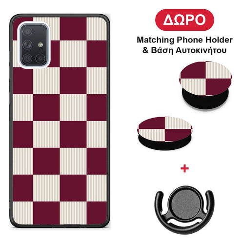 Burgundy and Cream Striped Checks - Samsung Galaxy A51 θήκη + Δώρο Phone Holder & Βάση Αυτοκινήτου