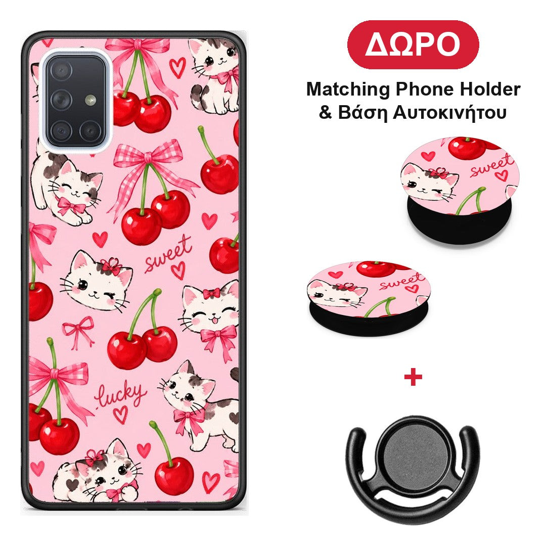 Cherries Bows and Kittens on Pink - Samsung Galaxy A51 θήκη + Δώρο Phone Holder & Βάση Αυτοκινήτου
