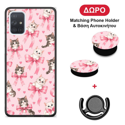 Kittens and Pink Bows on Pink - Samsung Galaxy A51 θήκη + Δώρο Phone Holder & Βάση Αυτοκινήτου