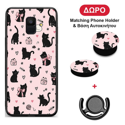 Black Cat Doodles on Pink - Samsung Galaxy A6 2018 θήκη + Δώρο Phone Holder & Βάση Αυτοκινήτου