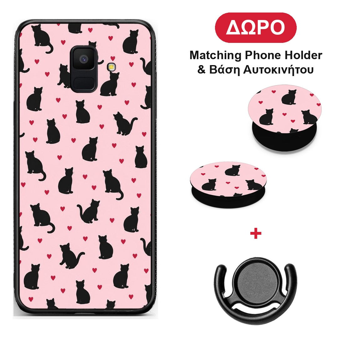 Black Cat Silhouettes and Hearts on Pink - Samsung Galaxy A6 2018 θήκη + Δώρο Phone Holder & Βάση Αυτοκινήτου