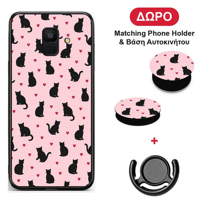 Black Cat Silhouettes and Hearts on Pink - Samsung Galaxy A6 2018 θήκη + Δώρο Phone Holder & Βάση Αυτοκινήτου