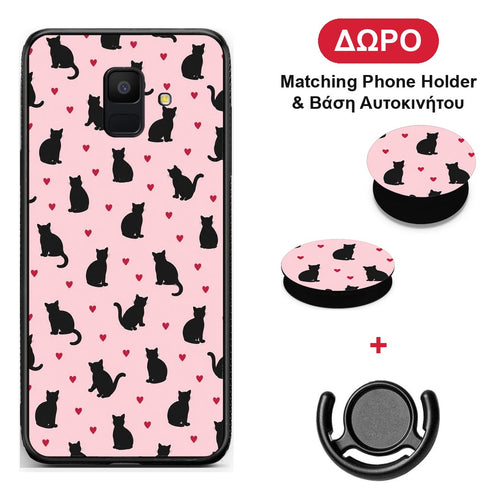 Black Cat Silhouettes and Hearts on Pink - Samsung Galaxy A6 2018 θήκη + Δώρο Phone Holder & Βάση Αυτοκινήτου