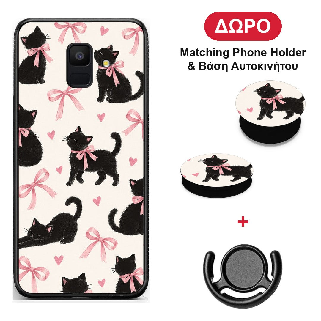 Black Kittens and Pink Bows on Cream Large - Samsung Galaxy A6 2018 θήκη + Δώρο Phone Holder & Βάση Αυτοκινήτου