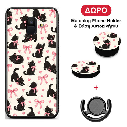 Black Kittens and Pink Bows on Cream Small - Samsung Galaxy A6 2018 θήκη + Δώρο Phone Holder & Βάση Αυτοκινήτου