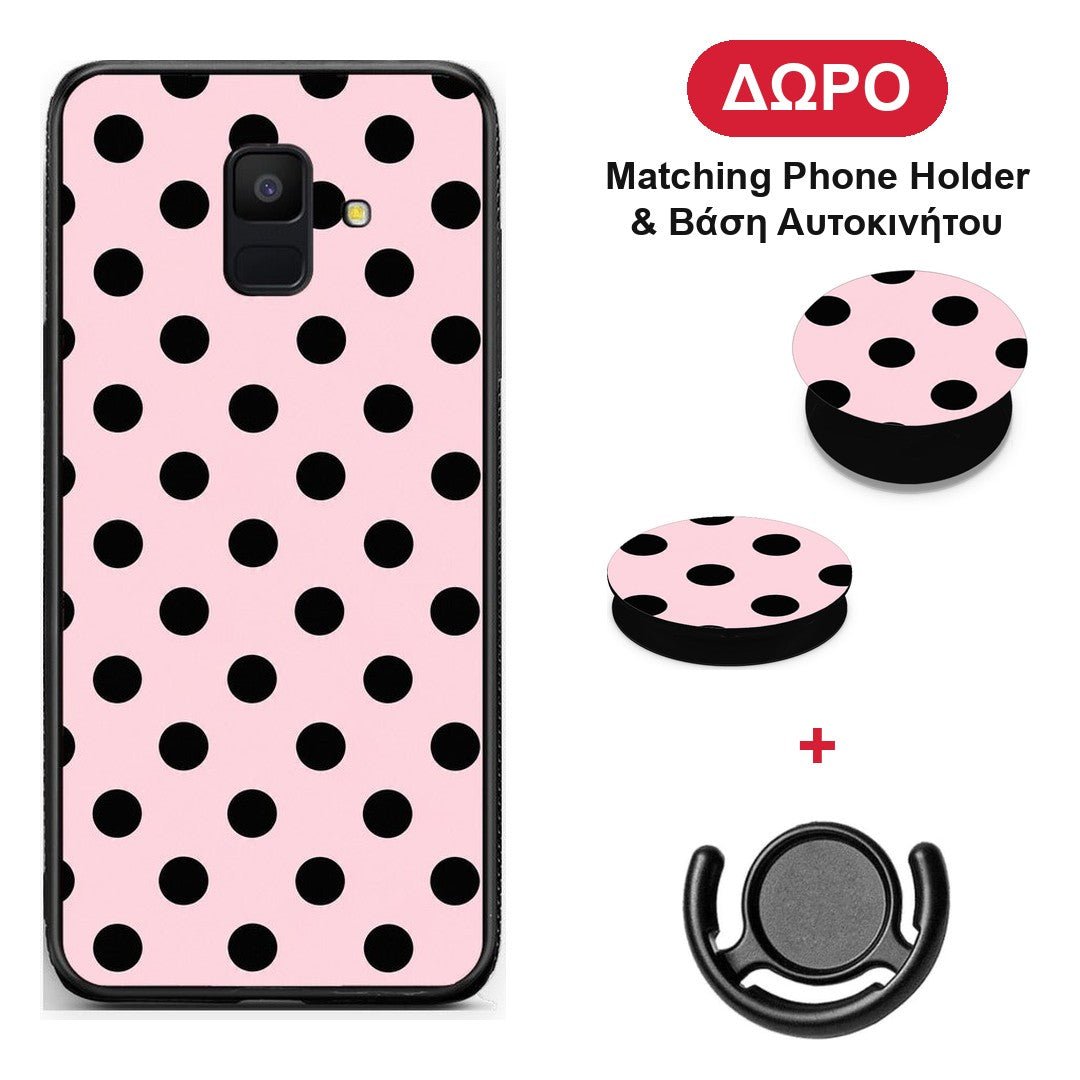 Black Polka Dots on Pink - Samsung Galaxy A6 2018 θήκη + Δώρο Phone Holder & Βάση Αυτοκινήτου