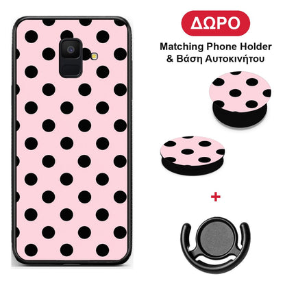 Black Polka Dots on Pink - Samsung Galaxy A6 2018 θήκη + Δώρο Phone Holder & Βάση Αυτοκινήτου