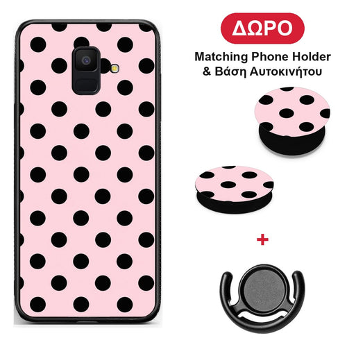 Black Polka Dots on Pink - Samsung Galaxy A6 2018 θήκη + Δώρο Phone Holder & Βάση Αυτοκινήτου