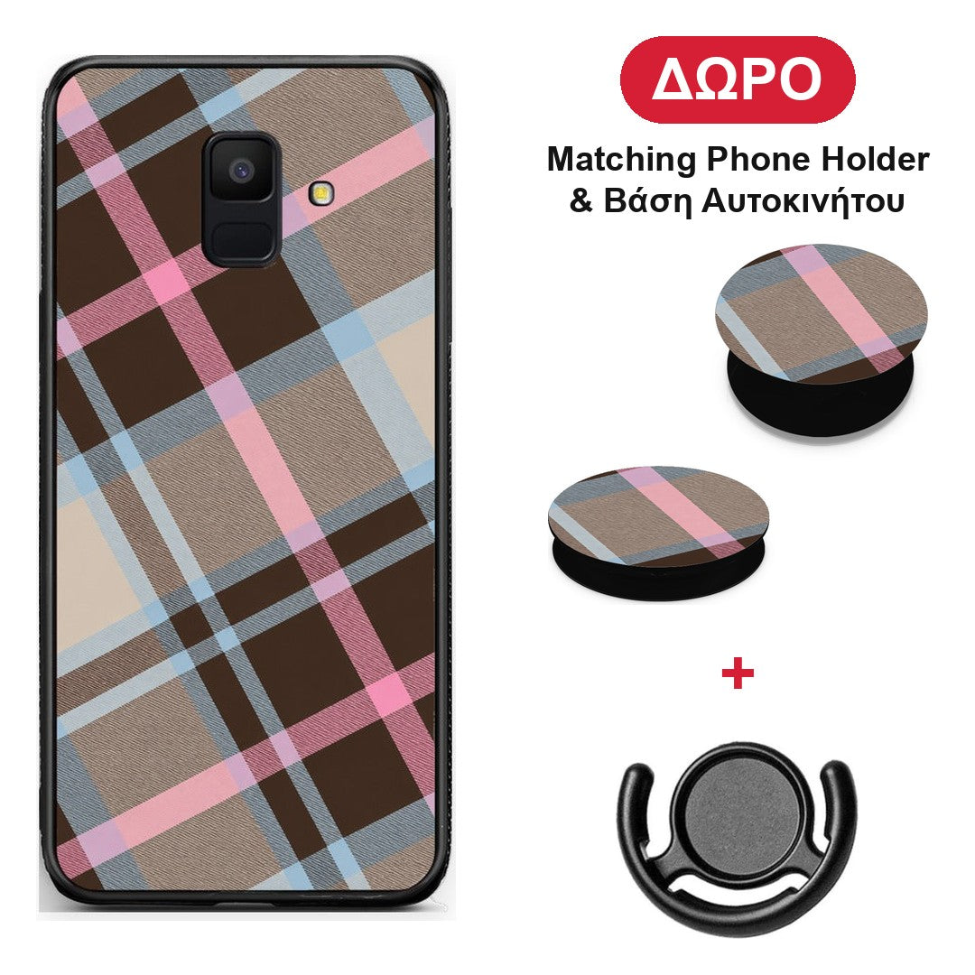 Brown Pink and Blue Diagonal Plaid - Samsung Galaxy A6 2018 θήκη + Δώρο Phone Holder & Βάση Αυτοκινήτου