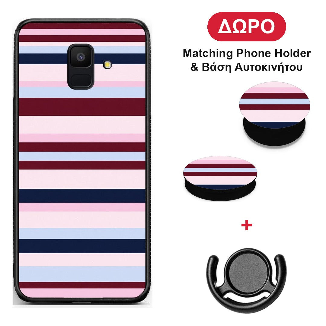 Burgundy Pink and Blue Horizontal Stripes - Samsung Galaxy A6 2018 θήκη + Δώρο Phone Holder & Βάση Αυτοκινήτου