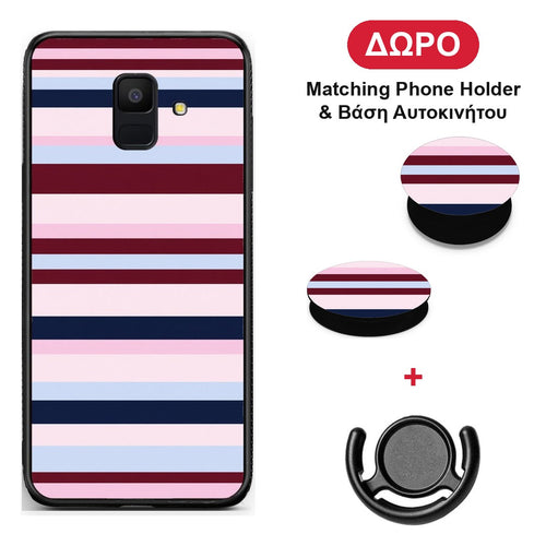 Burgundy Pink and Blue Horizontal Stripes - Samsung Galaxy A6 2018 θήκη + Δώρο Phone Holder & Βάση Αυτοκινήτου
