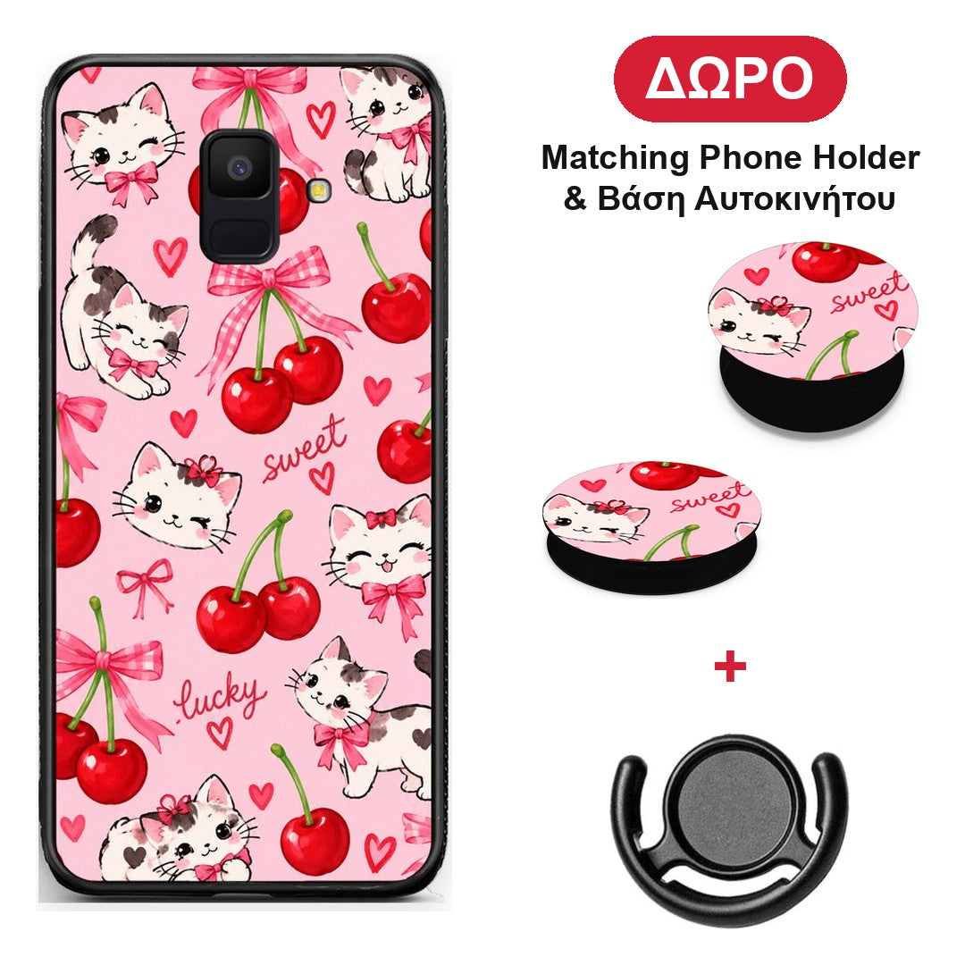 Cherries Bows and Kittens on Pink - Samsung Galaxy A6 2018 θήκη + Δώρο Phone Holder & Βάση Αυτοκινήτου