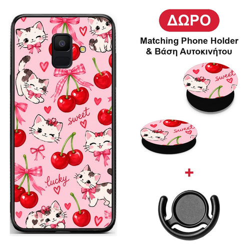 Cherries Bows and Kittens on Pink - Samsung Galaxy A6 2018 θήκη + Δώρο Phone Holder & Βάση Αυτοκινήτου