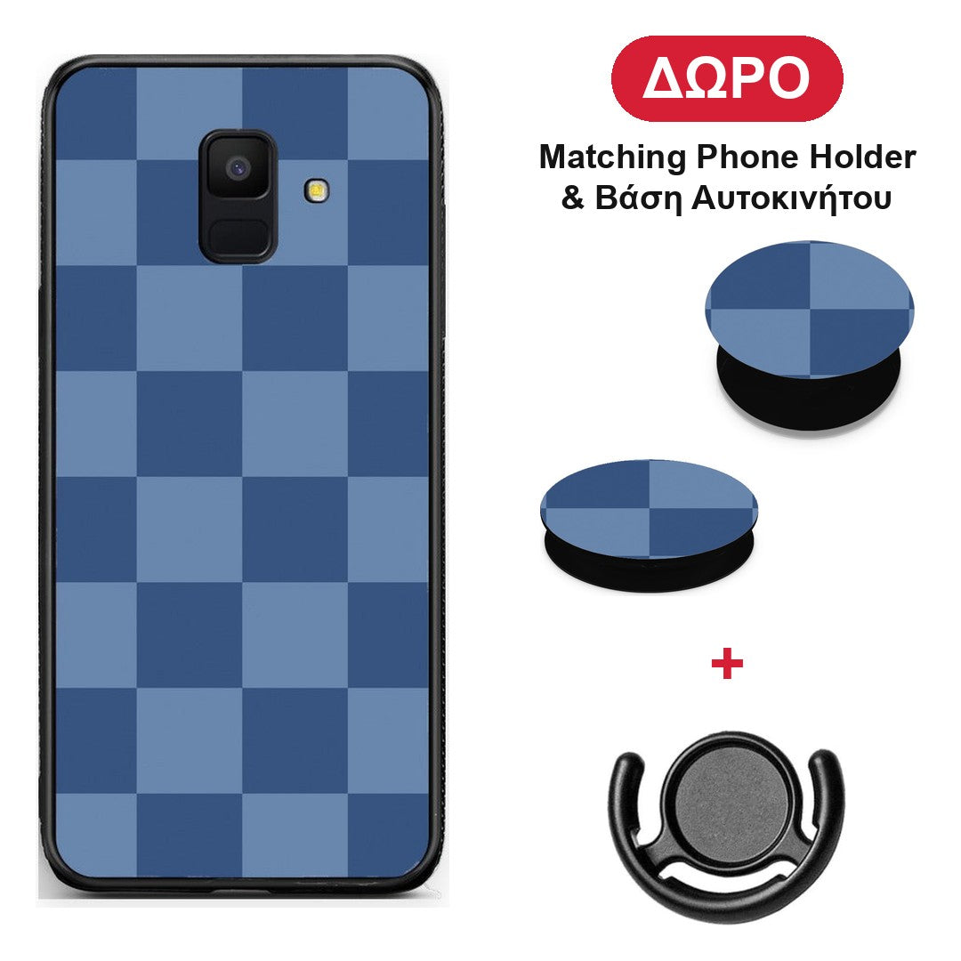 Denim Blue Checkerboard - Samsung Galaxy A6 2018 θήκη + Δώρο Phone Holder & Βάση Αυτοκινήτου