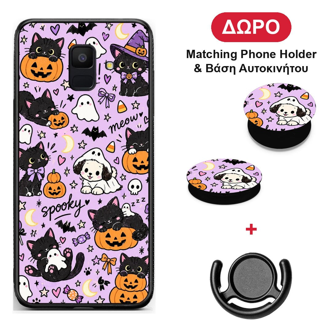 Halloween Black Cats on Lilac - Samsung Galaxy A6 2018 θήκη + Δώρο Phone Holder & Βάση Αυτοκινήτου